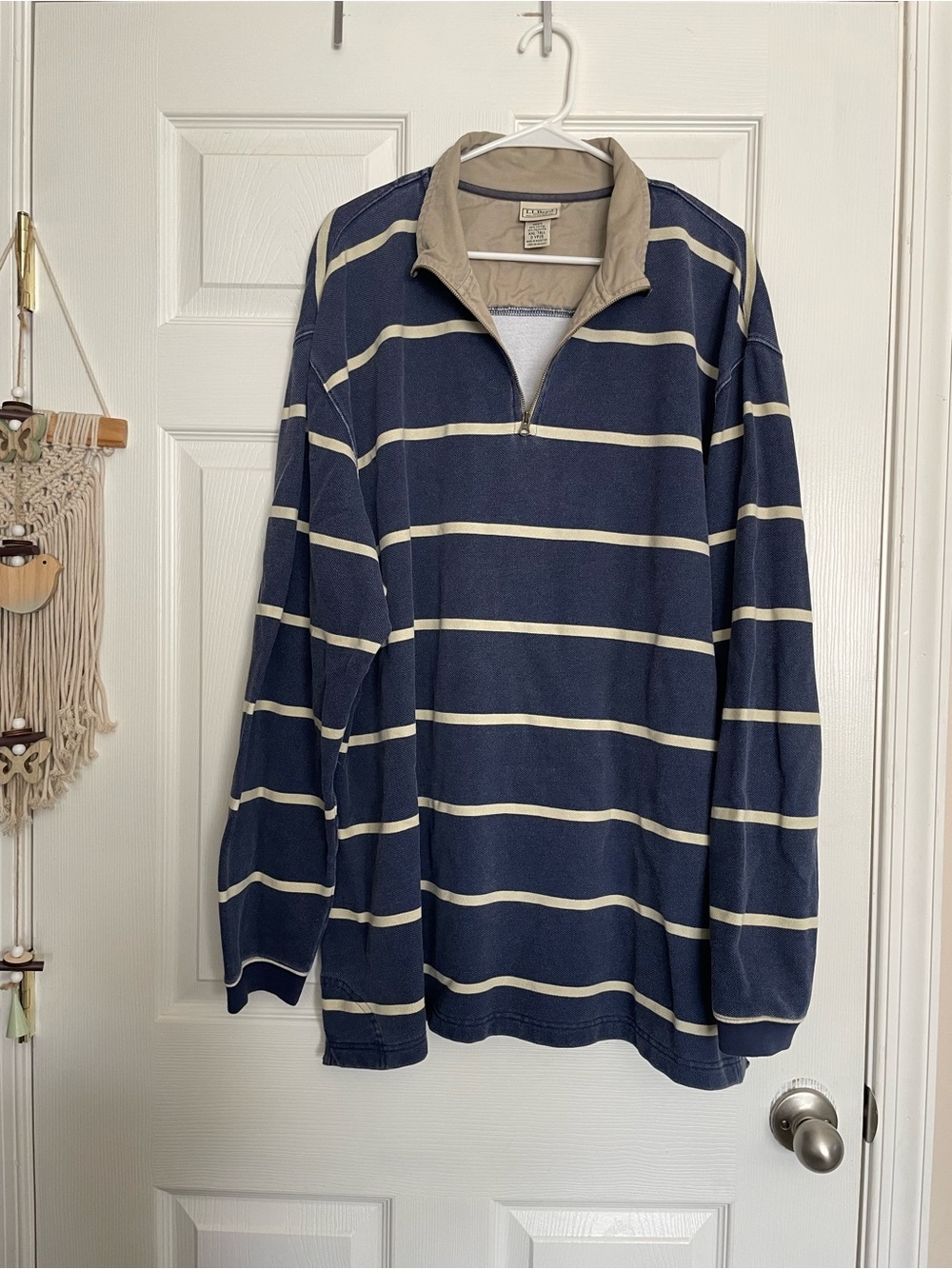 L. L. Bean Mens XXL Tall Navy and Cream Striped Quarter-Zip Rugby Pullover